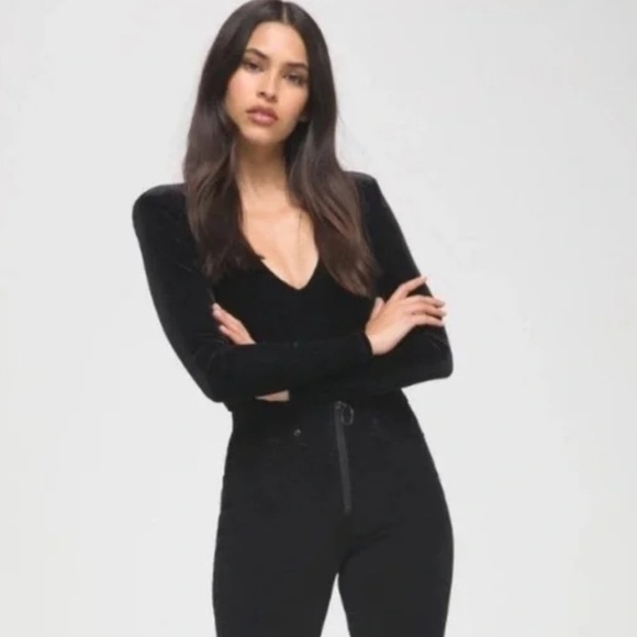 Good American All-Day Long Black Ribbed Velvet Bodysuit Size 2 - Picture 2 of 8